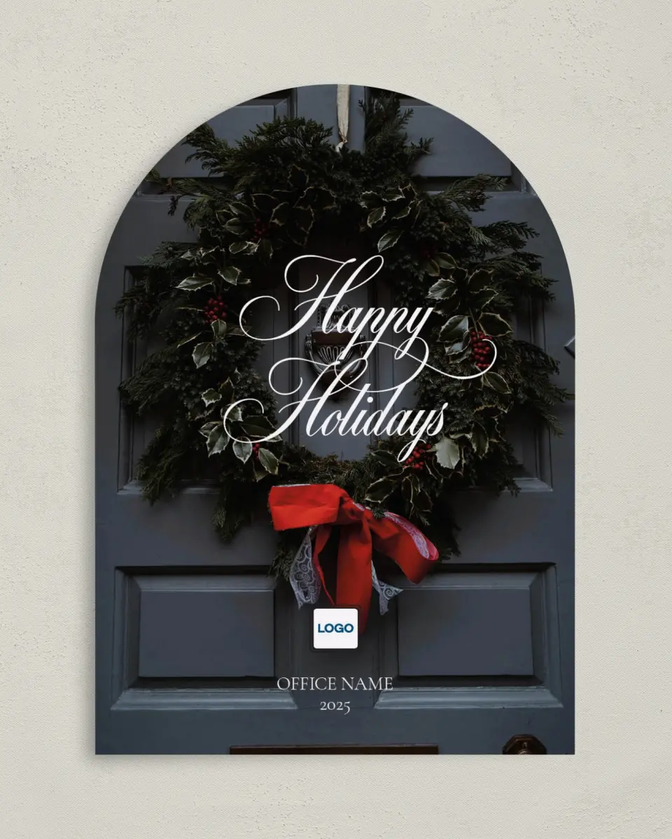 This is a 5" x 7" Christmas Card called Festive Wreath printed in full color with Gold foil on Soft Suede (coated) paper