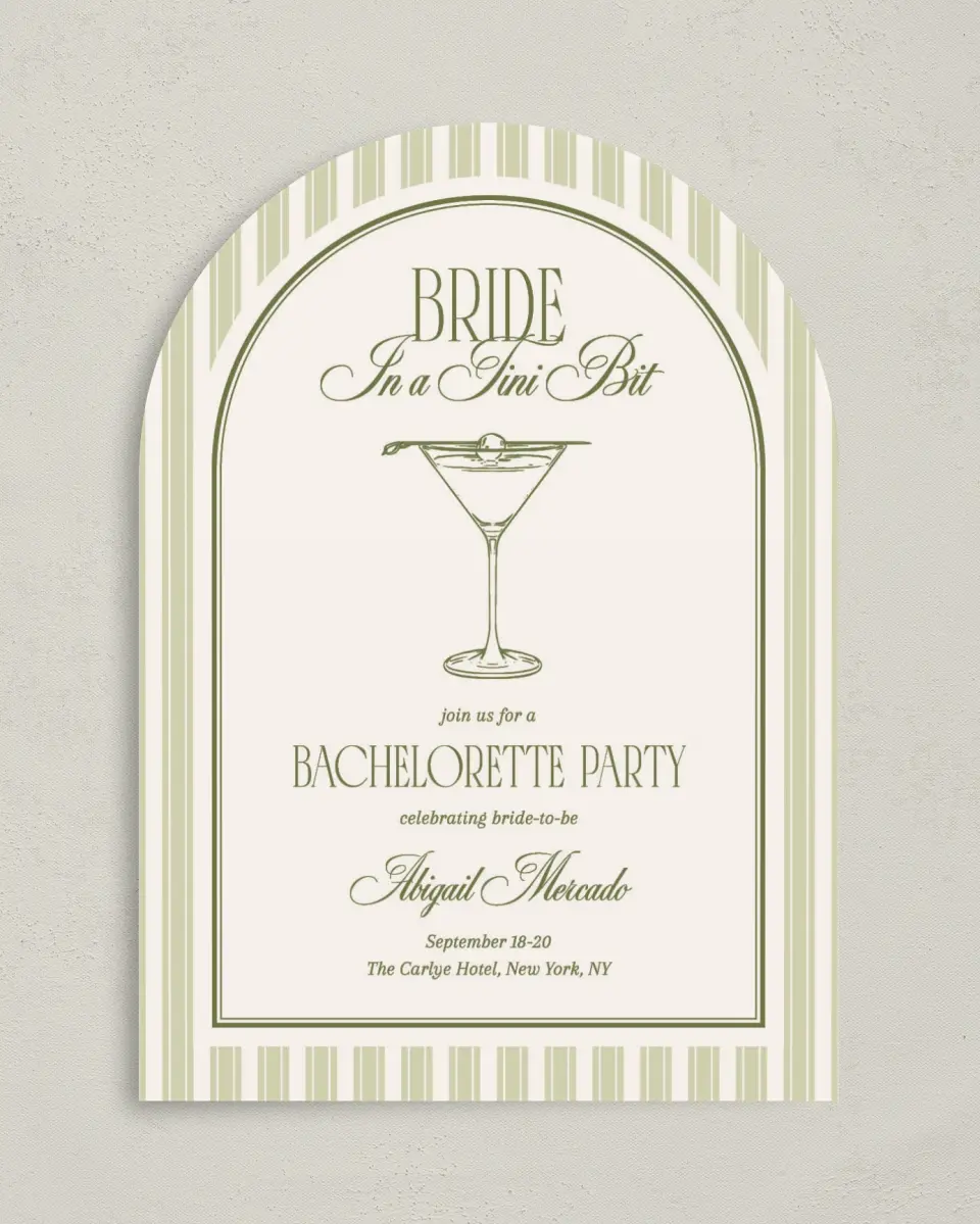 This is a 5" x 7" Bachelorette Party Invitation called In a Tini Bit printed in full color on Premium Smooth paper