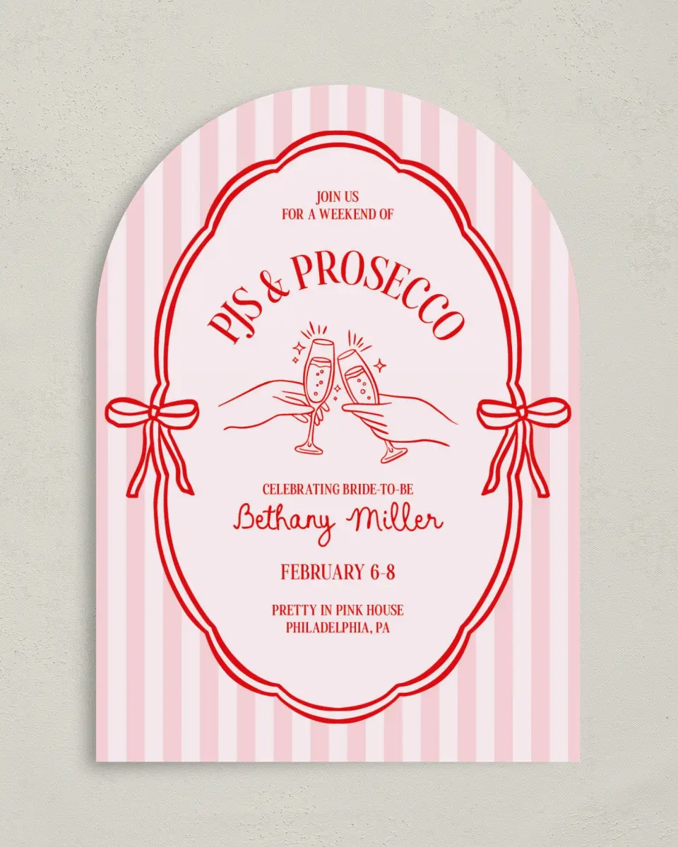 This is a 5" x 7" Bachelorette Party Invitation called PJs & Prosecco printed in full color on Premium Smooth paper