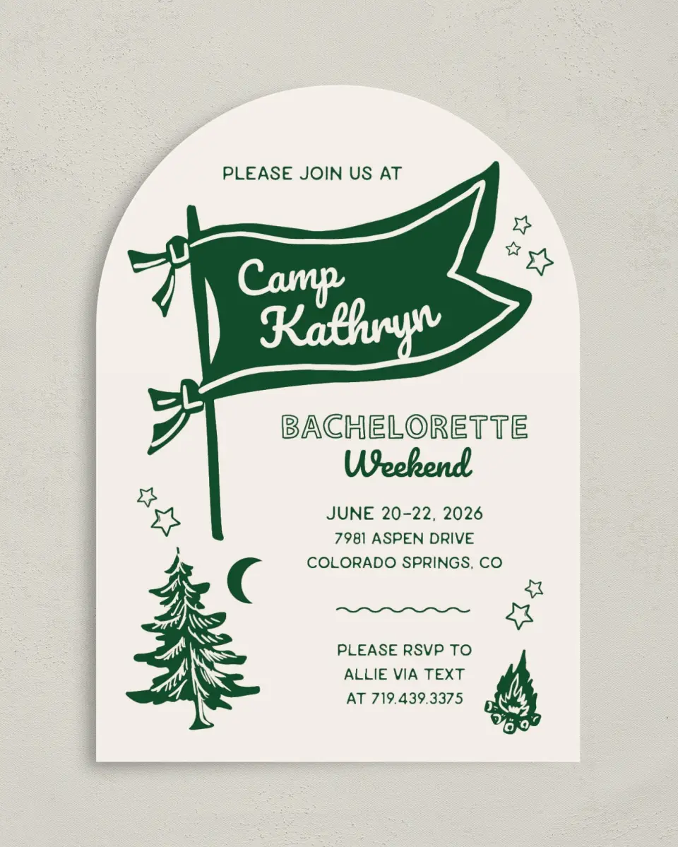 This is a 5" x 7" Bachelorette Party Invitation called Camp Bach printed in full color on Premium Smooth paper