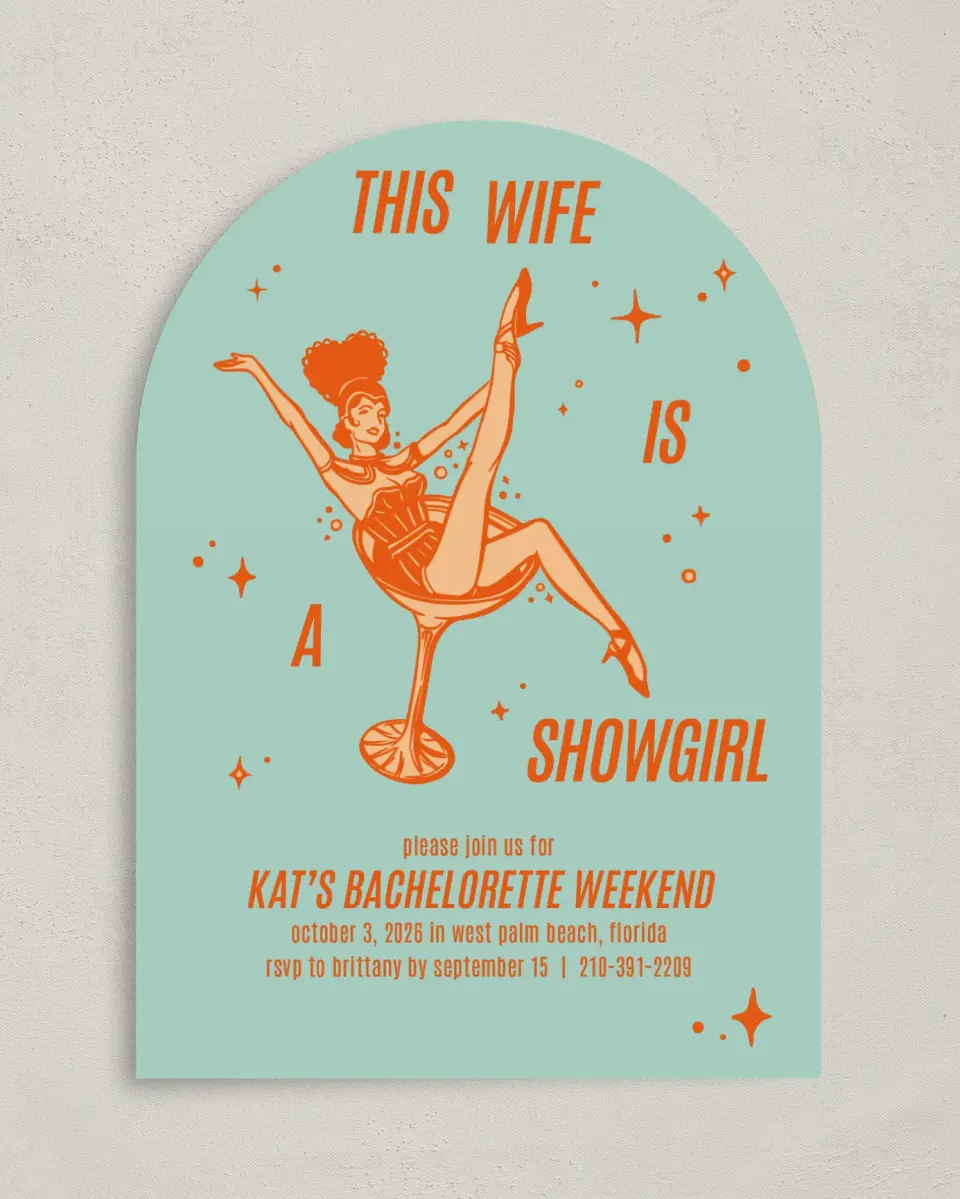 This is a 5" x 7" Bachelorette Party Invitation called Wife of a Showgirl printed in full color on Premium Smooth paper