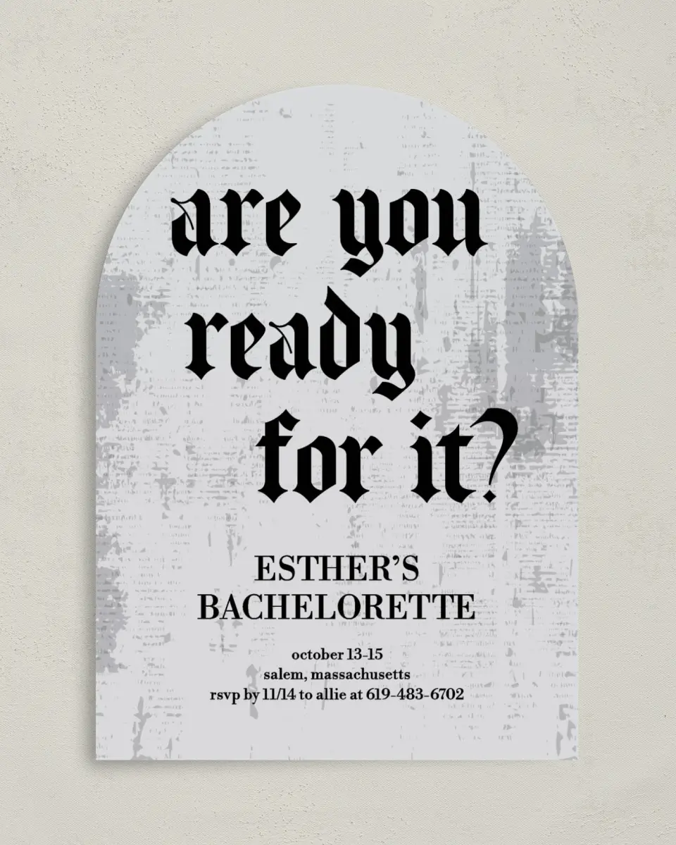 This is a 5" x 7" Bachelorette Party Invitation called Ready For It? printed in full color on Premium Smooth paper