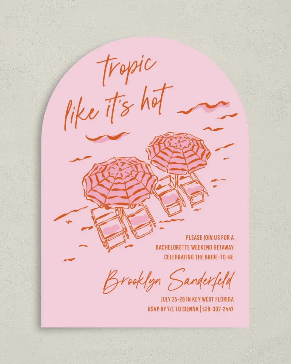 This is a 5" x 7" Bachelorette Party Invitation called Tropic Like It's Hot printed in full color on Premium Smooth paper