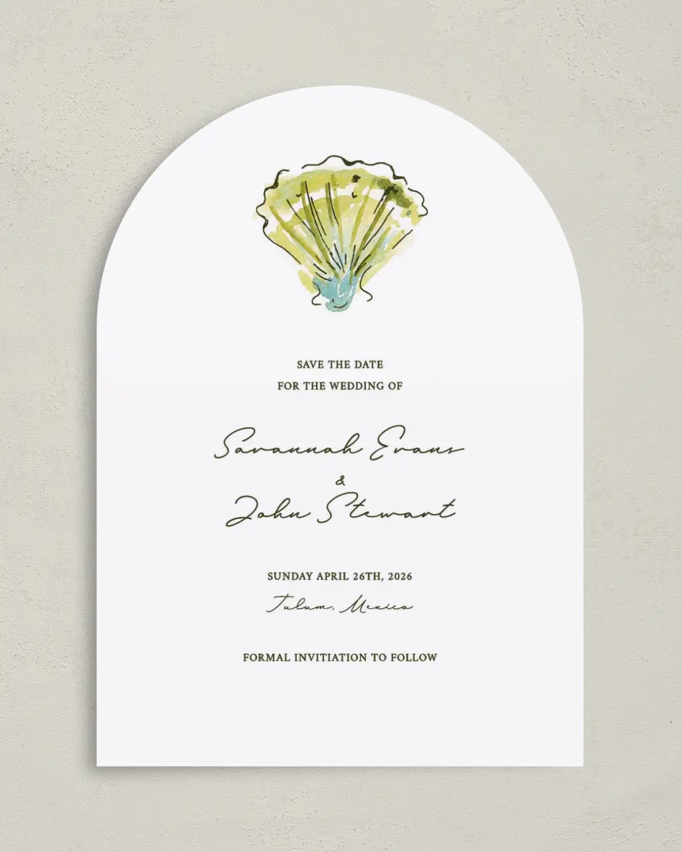This is a 5" x 7" Arch Save the Date called Whimsical Shells printed in full color on Premium Smooth paper