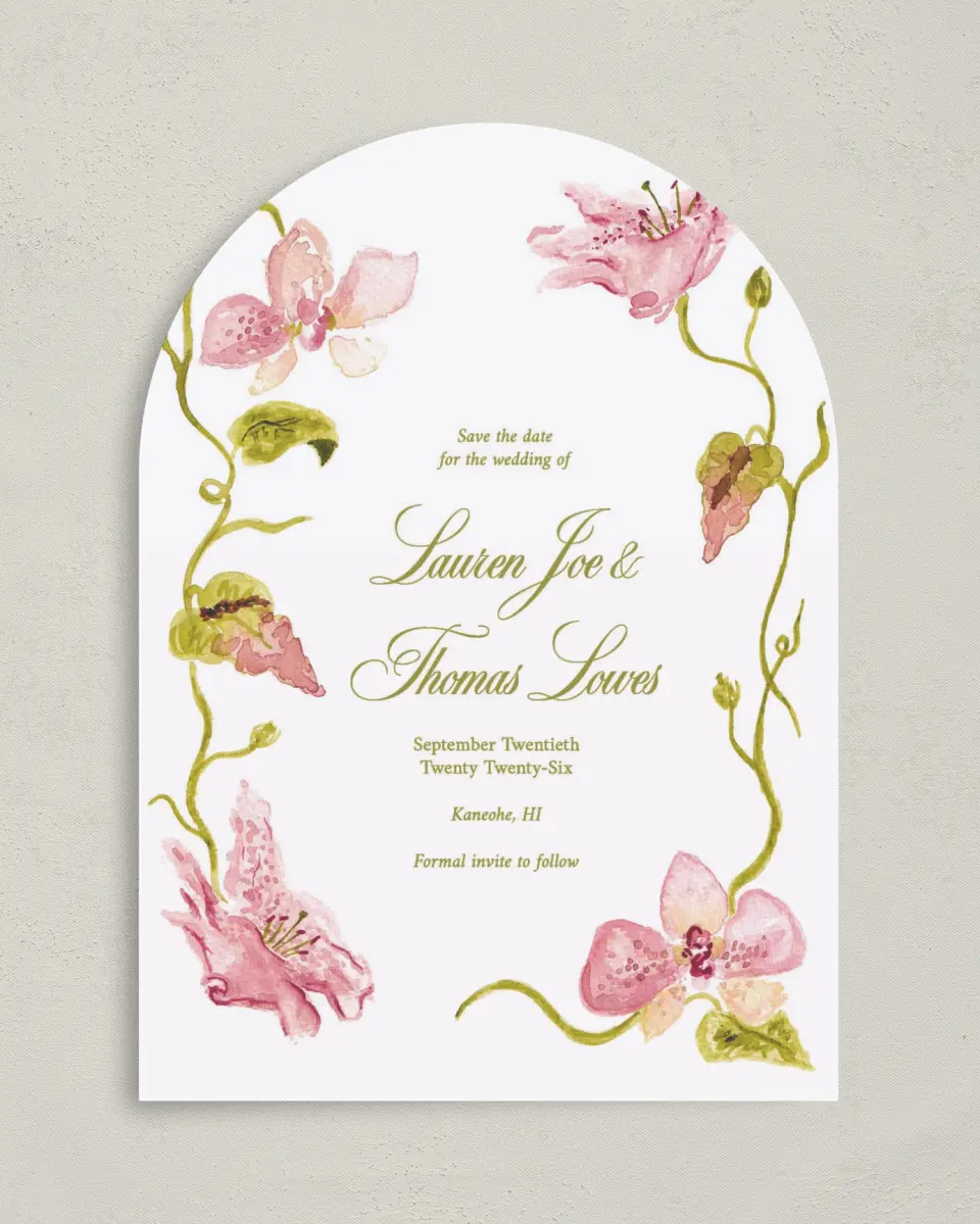 This is a 5" x 7" Arch Save the Date called Paradise in Bloom printed in full color on Premium Smooth paper