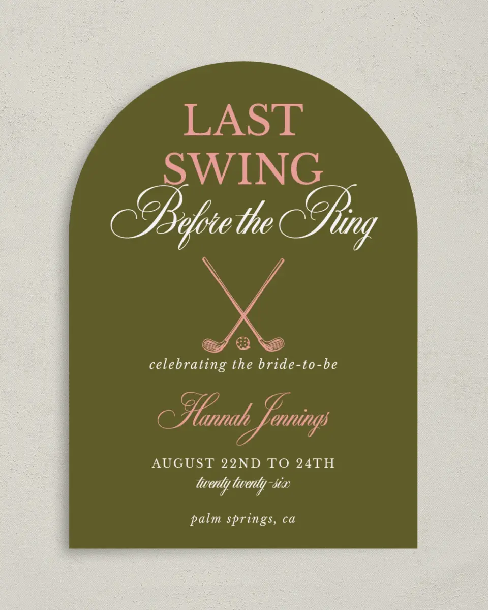 This is a 5" x 7" Bachelorette Party Invitation called Last Swing printed in full color on Premium Smooth paper