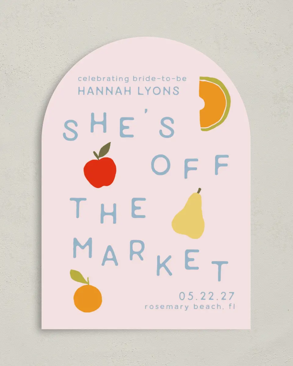 This is a 5" x 7" Bachelorette Party Invitation called She's Off the Market printed in full color on Premium Smooth paper