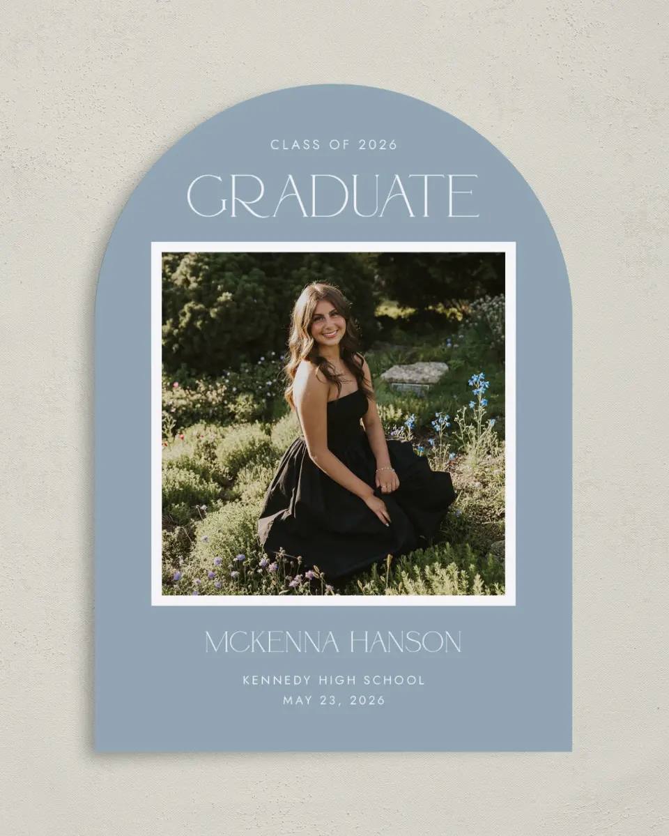 This is a 5" x 7" Graduation Announcement Card called Graceful Grad printed in full color with Gold foil on Premium Smooth paper