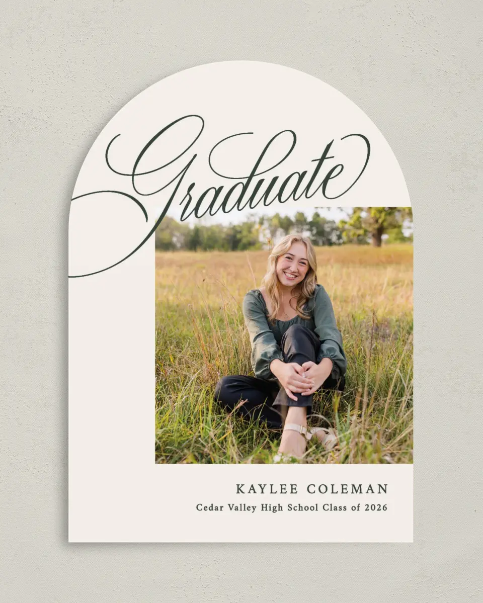 This is a 5" x 7" Graduation Announcement Card called Grand Flourish printed in full color on Premium Smooth paper
