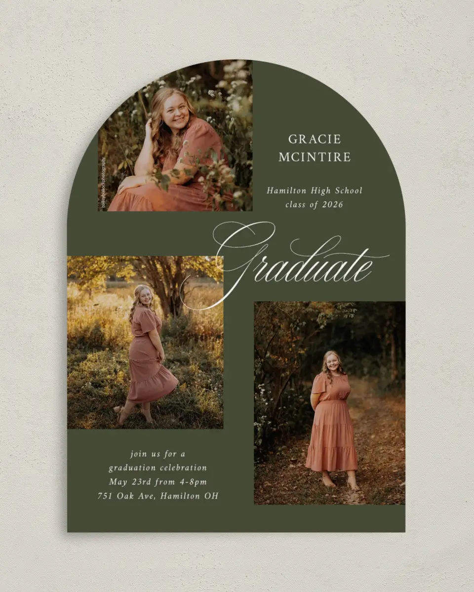 This is a 5" x 7" Graduation Announcement Card called Refined Celebration printed in full color on Premium Smooth paper