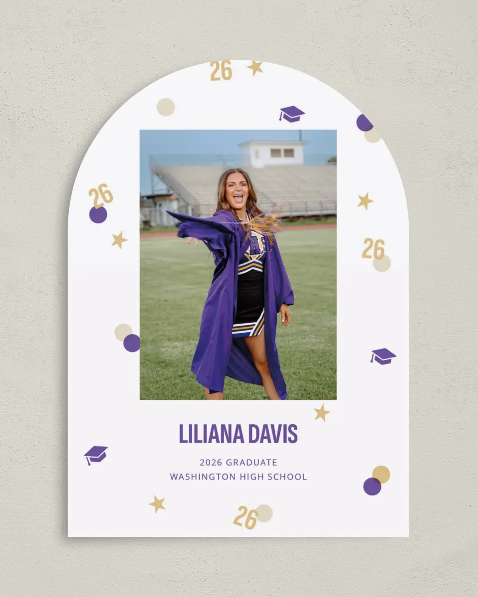 This is a 5" x 7" Graduation Announcement Card called Confetti Toss printed in full color with Gold foil on Premium Smooth paper