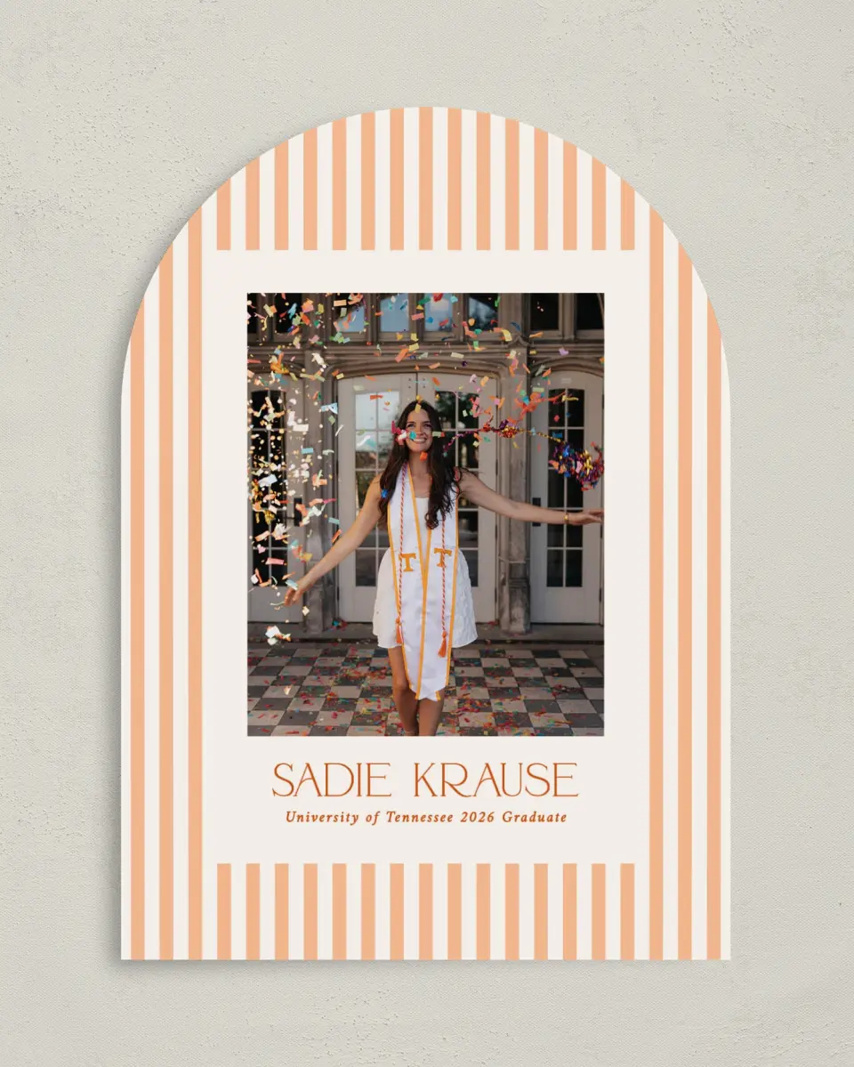 This is a 5" x 7" Graduation Announcement Card called Senior Stripes printed in full color with Gold foil on Premium Smooth paper