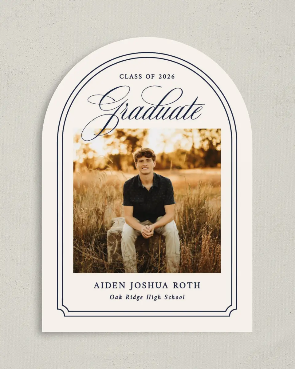 This is a 5" x 7" Graduation Announcement Card called Formal Frame printed in full color with Gold foil on Premium Smooth paper