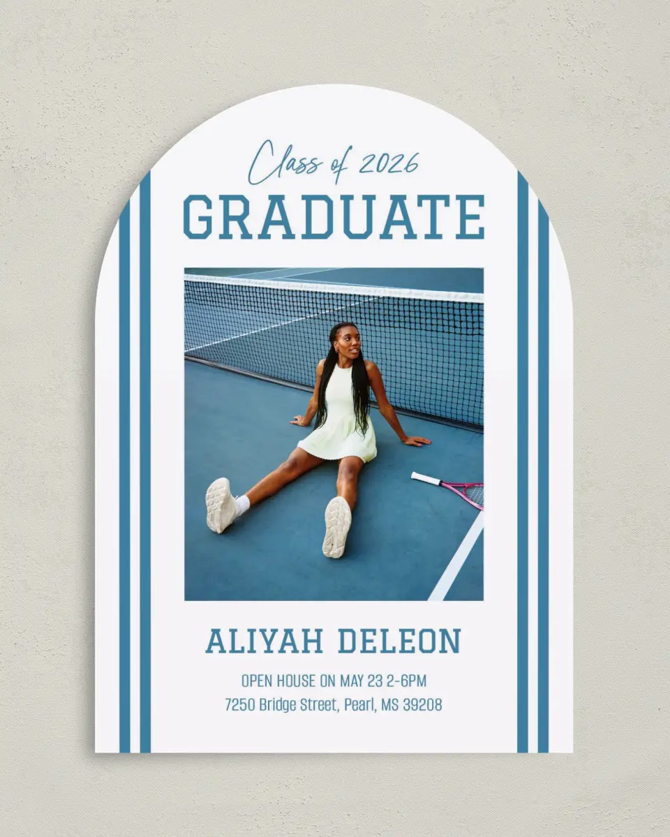 This is a 5" x 7" Graduation Announcement Card called Varsity Stripes printed in full color with Gold foil on Premium Smooth paper
