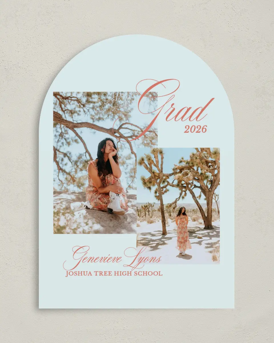 This is a 5" x 7" Graduation Announcement Card called Scripted Accolades printed in full color on Premium Smooth paper