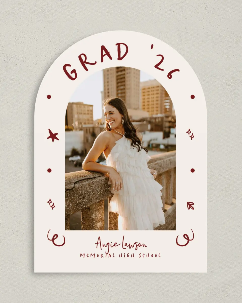 This is a 5" x 7" Graduation Announcement Card called Celebratory Confetti printed in full color with Gold foil on Premium Smooth paper
