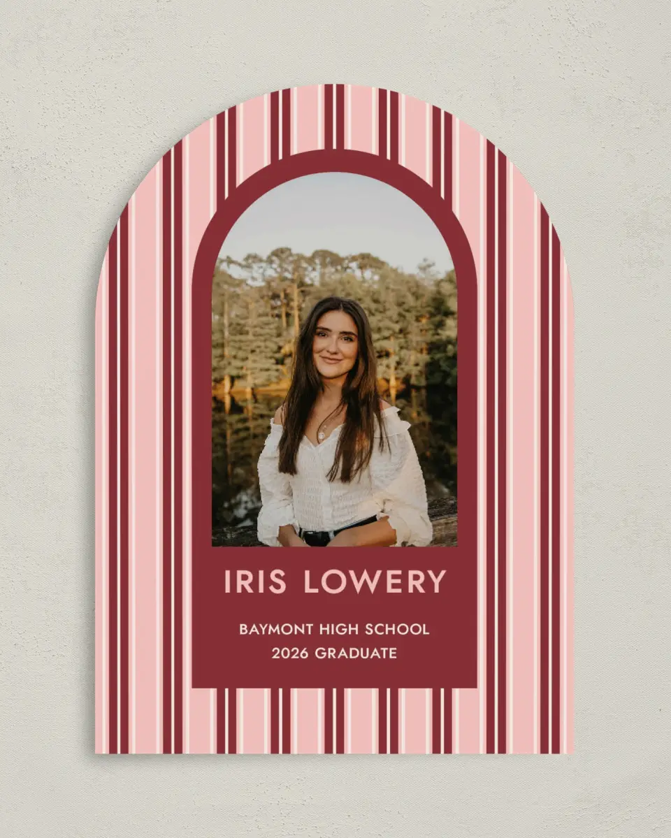 This is a 5" x 7" Graduation Announcement Card called Striped Admiration printed in full color with Gold foil on Premium Smooth paper