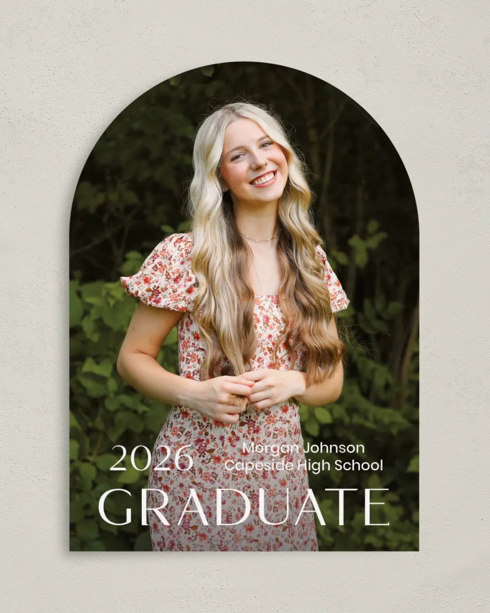 This is a 5" x 7" Graduation Announcement Card called Spotlight Grad printed in full color with Gold foil on Premium Smooth paper