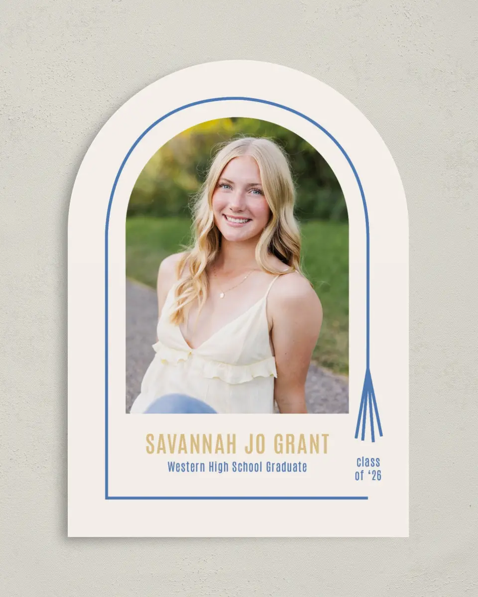 This is a 5" x 7" Graduation Announcement Card called Turning Tassels printed in full color with Gold foil on Premium Smooth paper