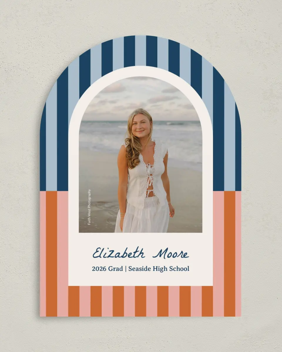 This is a 5" x 7" Graduation Announcement Card called Scholarly Stripes printed in full color with Gold foil on Premium Smooth paper