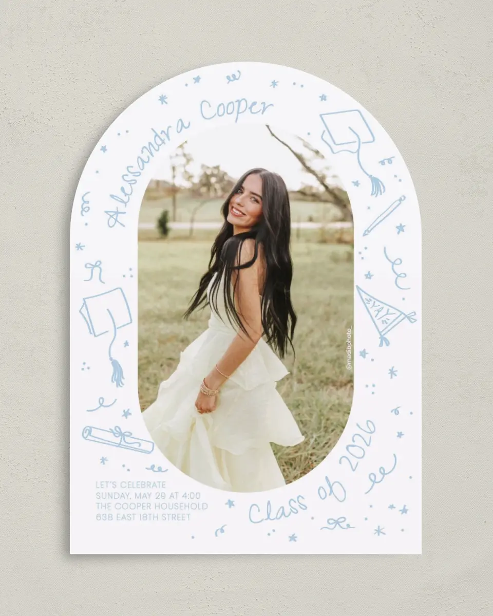 This is a 5" x 7" Graduation Announcement Card called Doodles in the Margin printed in full color on Premium Smooth paper