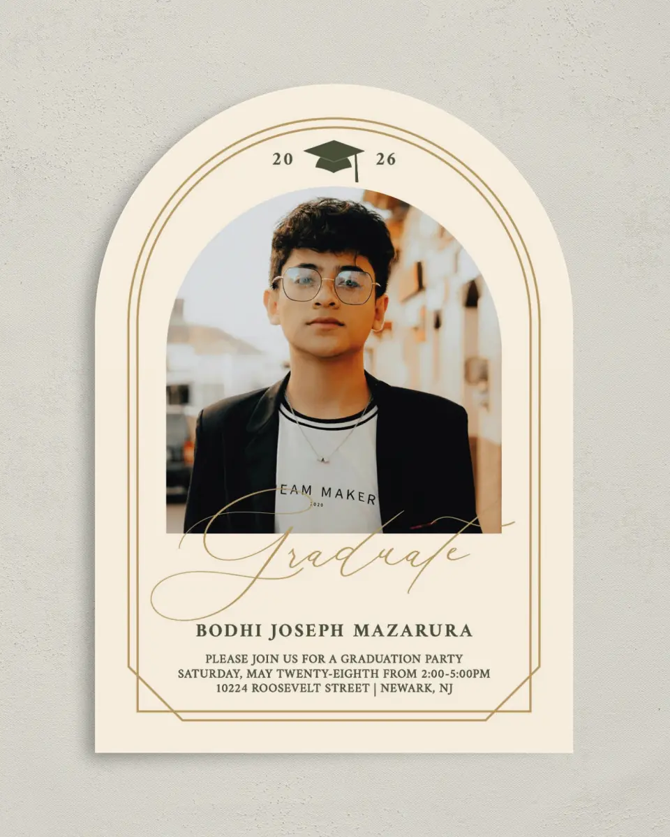 This is a 5" x 7" Graduation Announcement Card called Mature Minimalist printed in full color on Premium Smooth paper