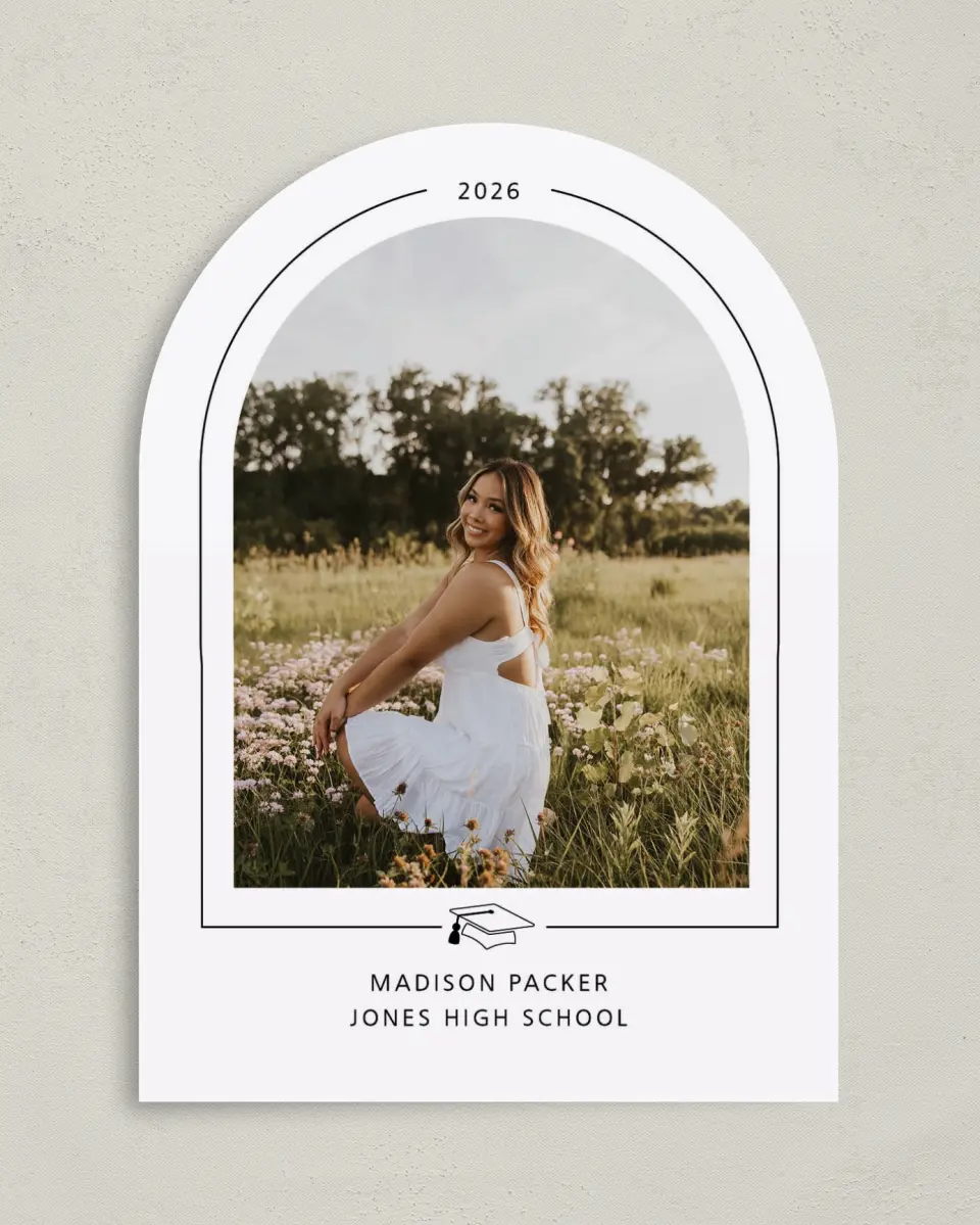 This is a 5" x 7" Graduation Announcement Card called Modern Grad printed in full color with Gold foil on Premium Smooth paper