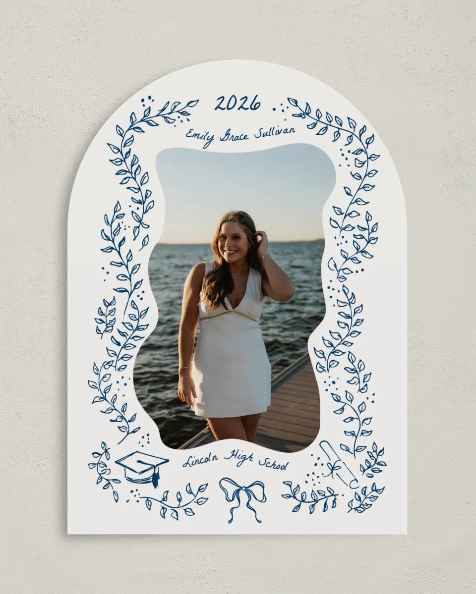 This is a 5" x 7" Graduation Announcement Card called Whimsical Grad printed in full color with Gold foil on Premium Smooth paper