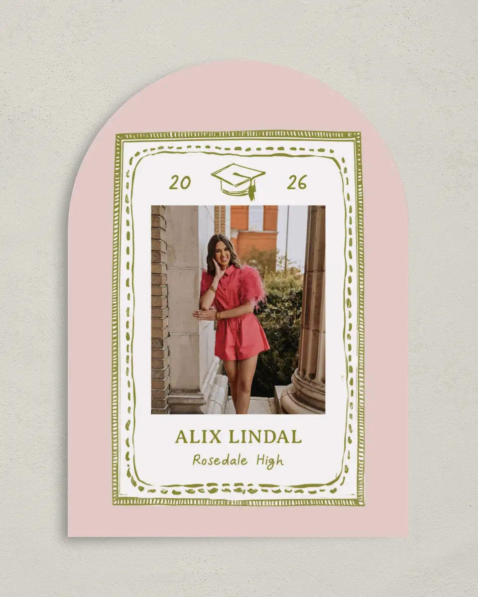 This is a 5" x 7" Graduation Announcement Card called Grad Frame Art printed in full color with Gold foil on Premium Smooth paper