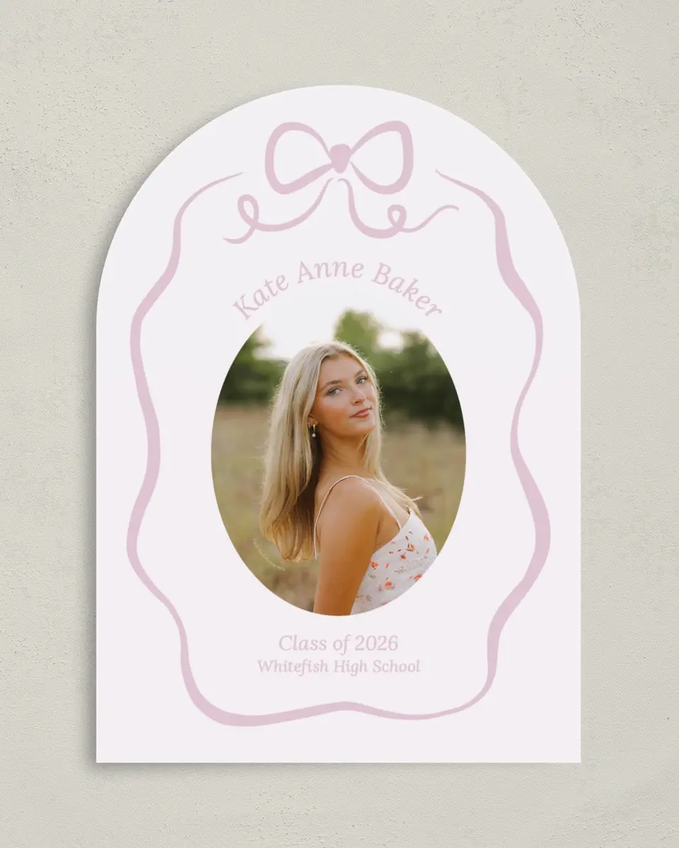 This is a 5" x 7" Graduation Announcement Card called Bow Grad printed in full color with Gold foil on Premium Smooth paper