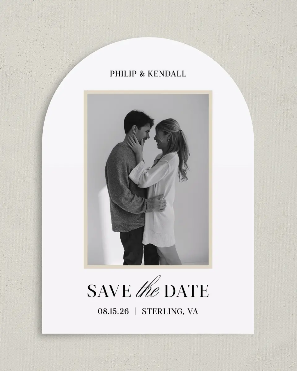 This is a 5" x 7" Arch Save the Date called Forever Framed printed in full color with Gold foil on Premium Smooth paper