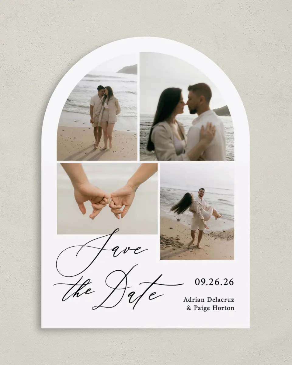 This is a 5" x 7" Arch Save the Date called True Promise printed in full color with Gold foil on Premium Smooth paper