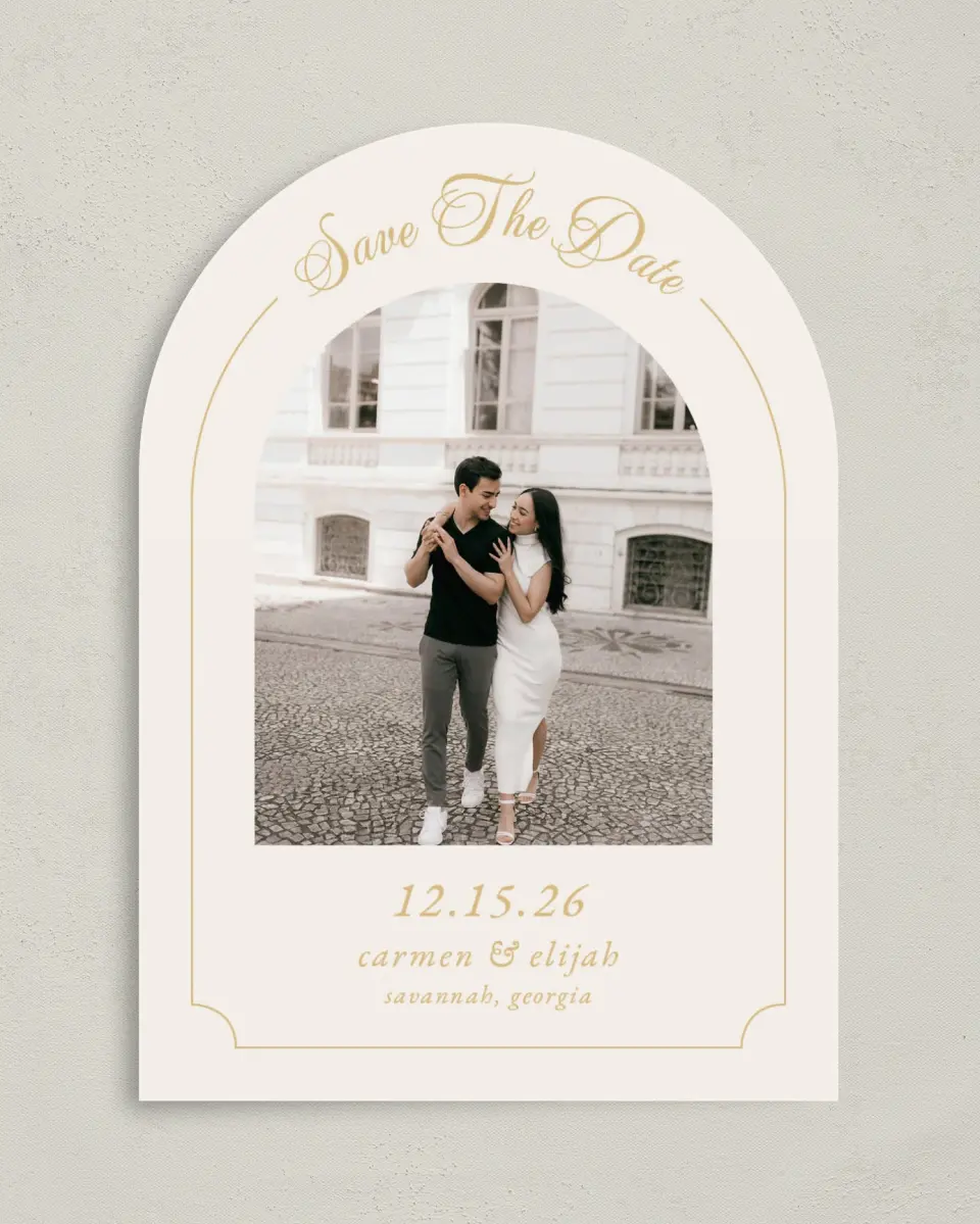 This is a 5" x 7" Arch Save the Date called Lovely Frame printed in full color with Gold foil on Premium Smooth paper