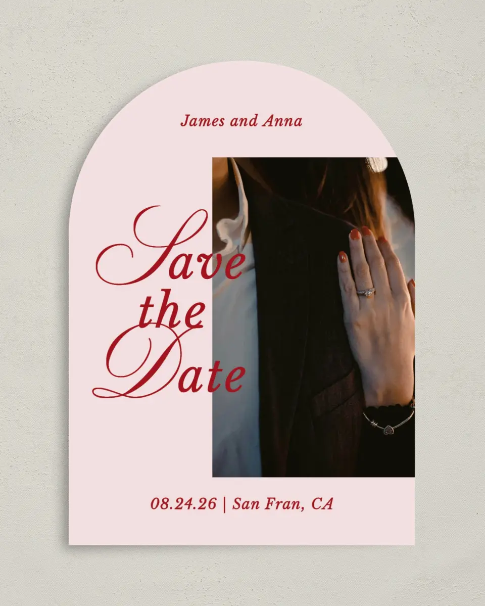 This is a 5" x 7" Arch Save the Date called Purely Yours printed in full color with Gold foil on Premium Smooth paper