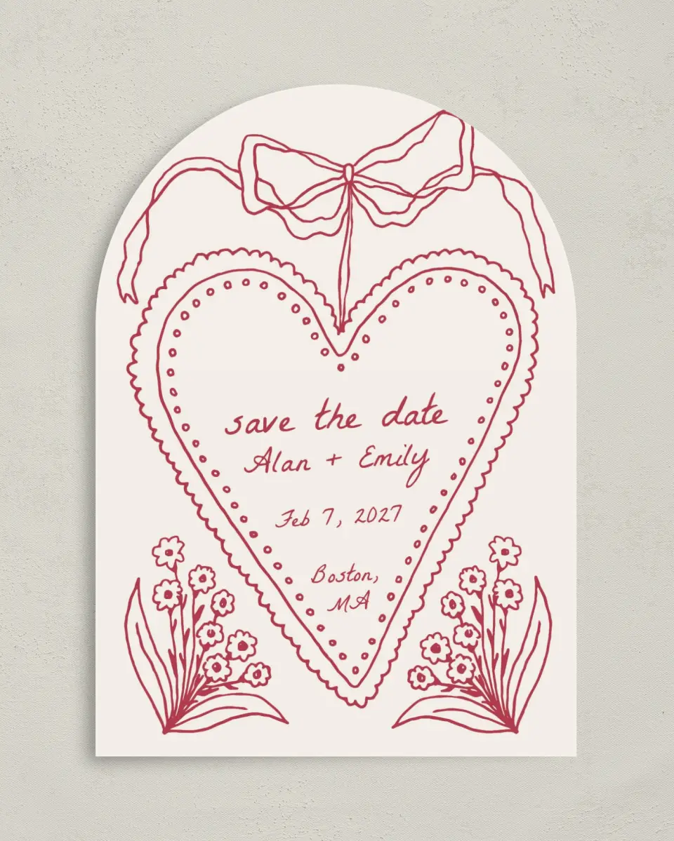 This is a 5" x 7" Arch Save the Date called Heart On My Sleeve printed in full color with Gold foil on Premium Smooth paper