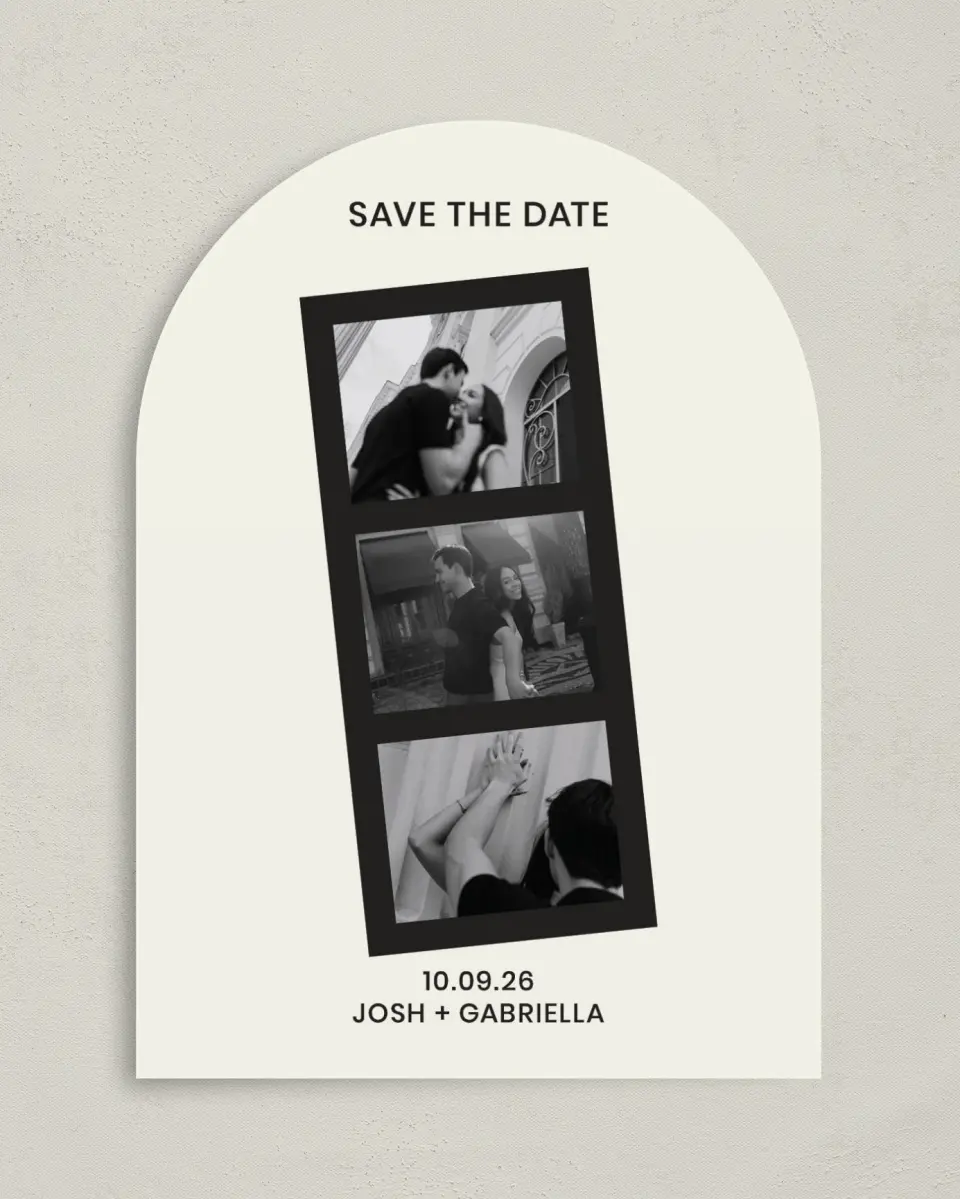 This is a 5" x 7" Arch Save the Date called Love on Film printed in full color with Gold foil on Premium Smooth paper