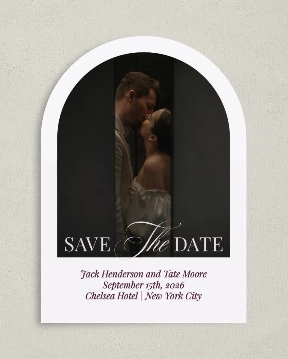 This is a 5" x 7" Arch Save the Date called Elegance & Grace printed in full color with Gold foil on Premium Smooth paper
