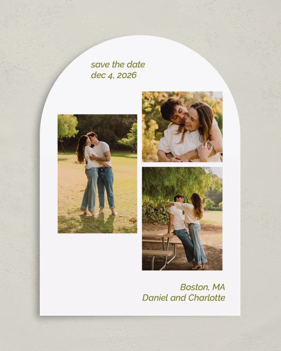 This is a 5" x 7" Arch Save the Date called Simple Trio printed in full color with Gold foil on Premium Smooth paper