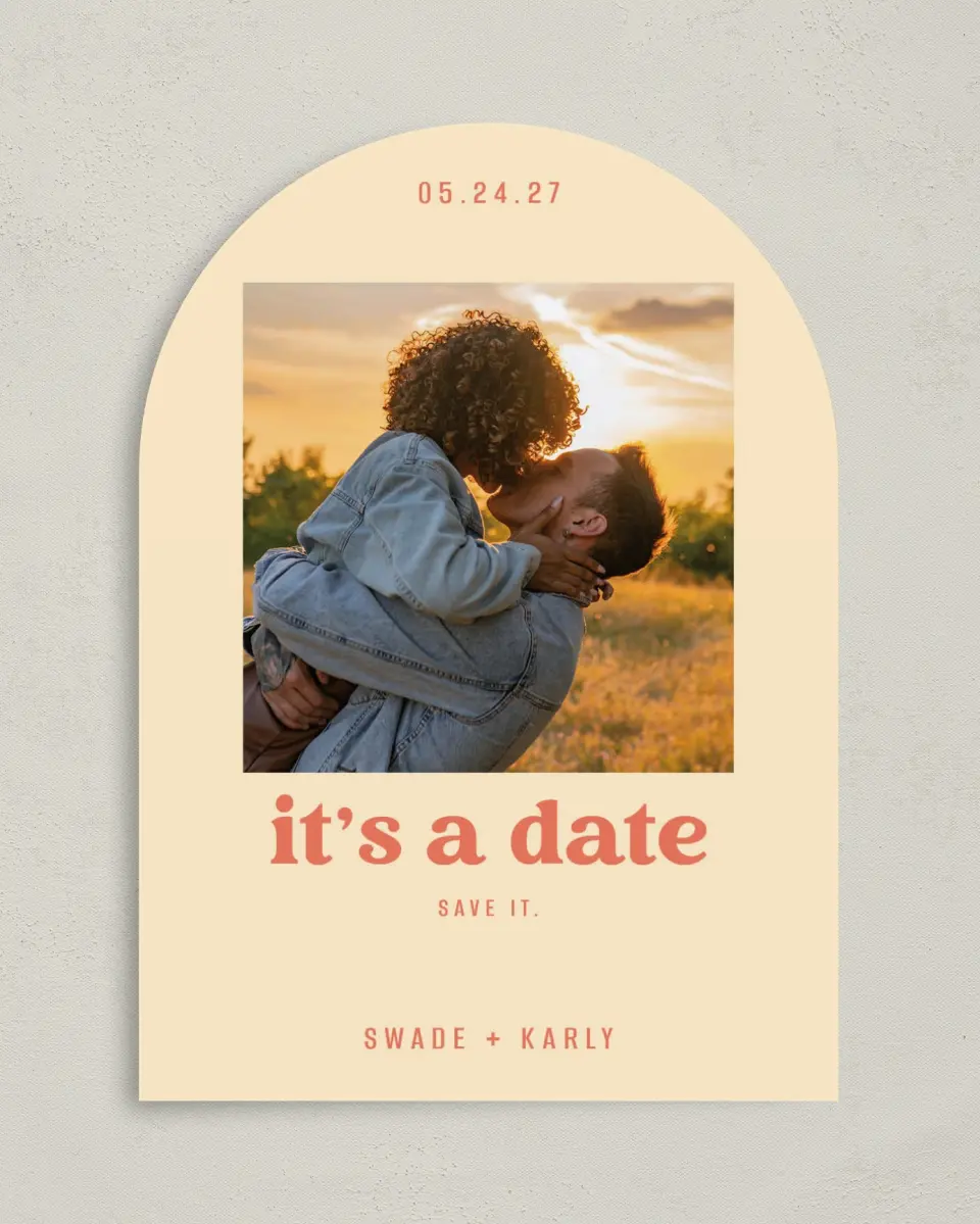 This is a 5" x 7" Arch Save the Date called Save It printed in full color with Gold foil on Premium Smooth paper