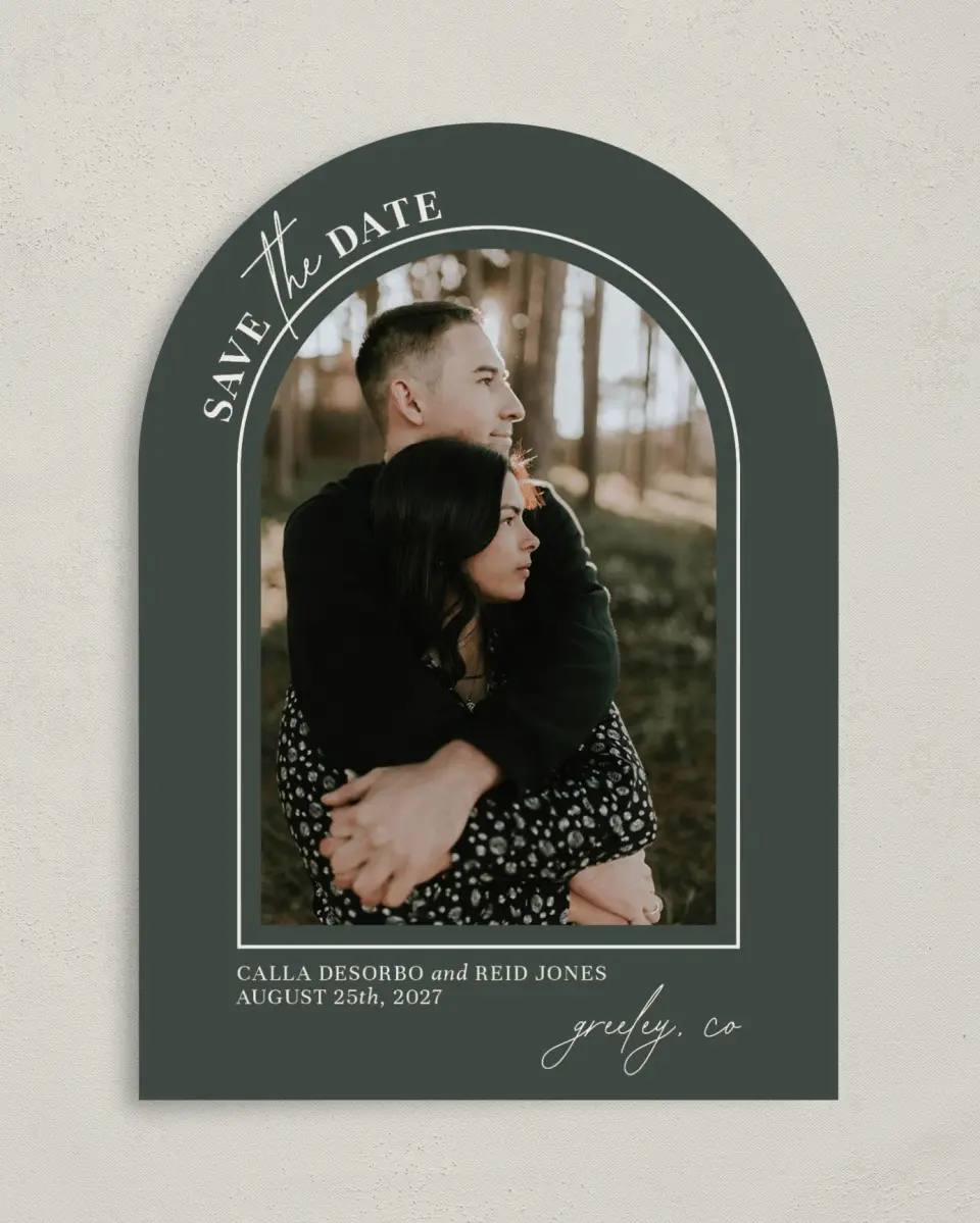This is a 5" x 7" Arch Save the Date called Encompassing Love printed in full color with Silver foil on Luxe Satin paper
