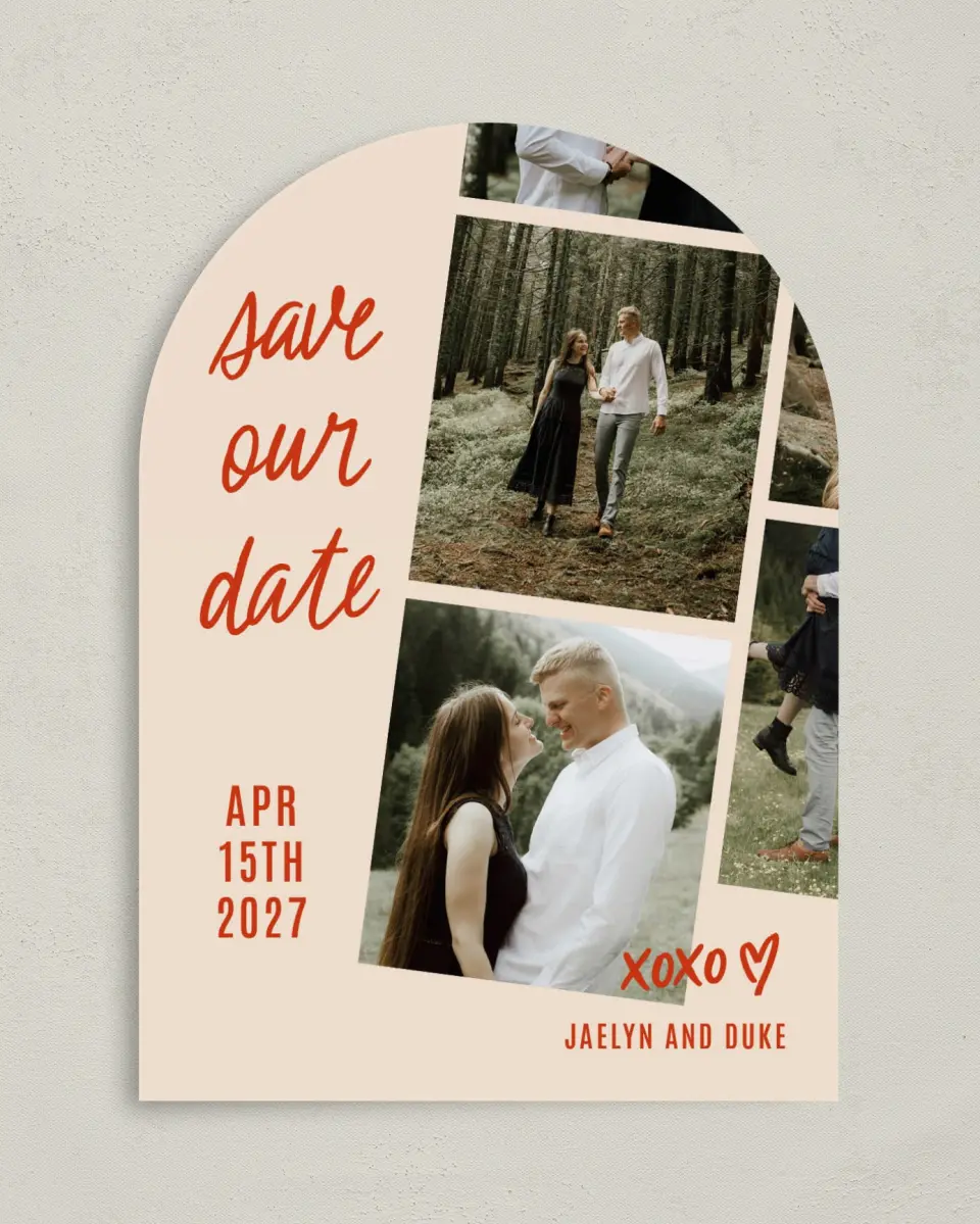 This is a 5" x 7" Arch Save the Date called Capture It, Remember It printed in full color with Gold foil on Premium Smooth paper