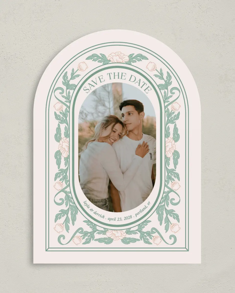 This is a 5" x 7" Arch Save the Date called Vintage Dream printed in full color with Gold foil on Premium Smooth paper