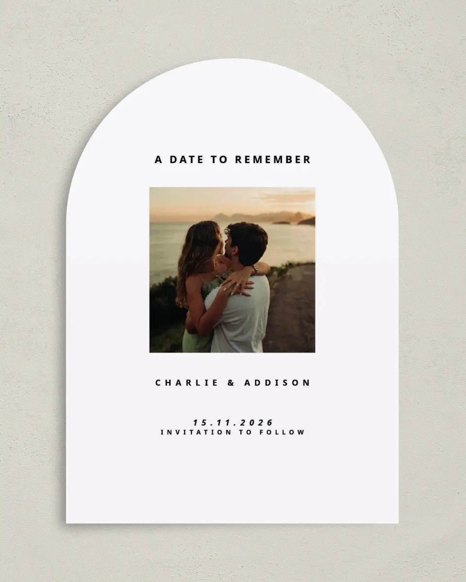 This is a 5" x 7" Arch Save the Date called Date to Remember printed in full color with Gold foil on Premium Smooth paper