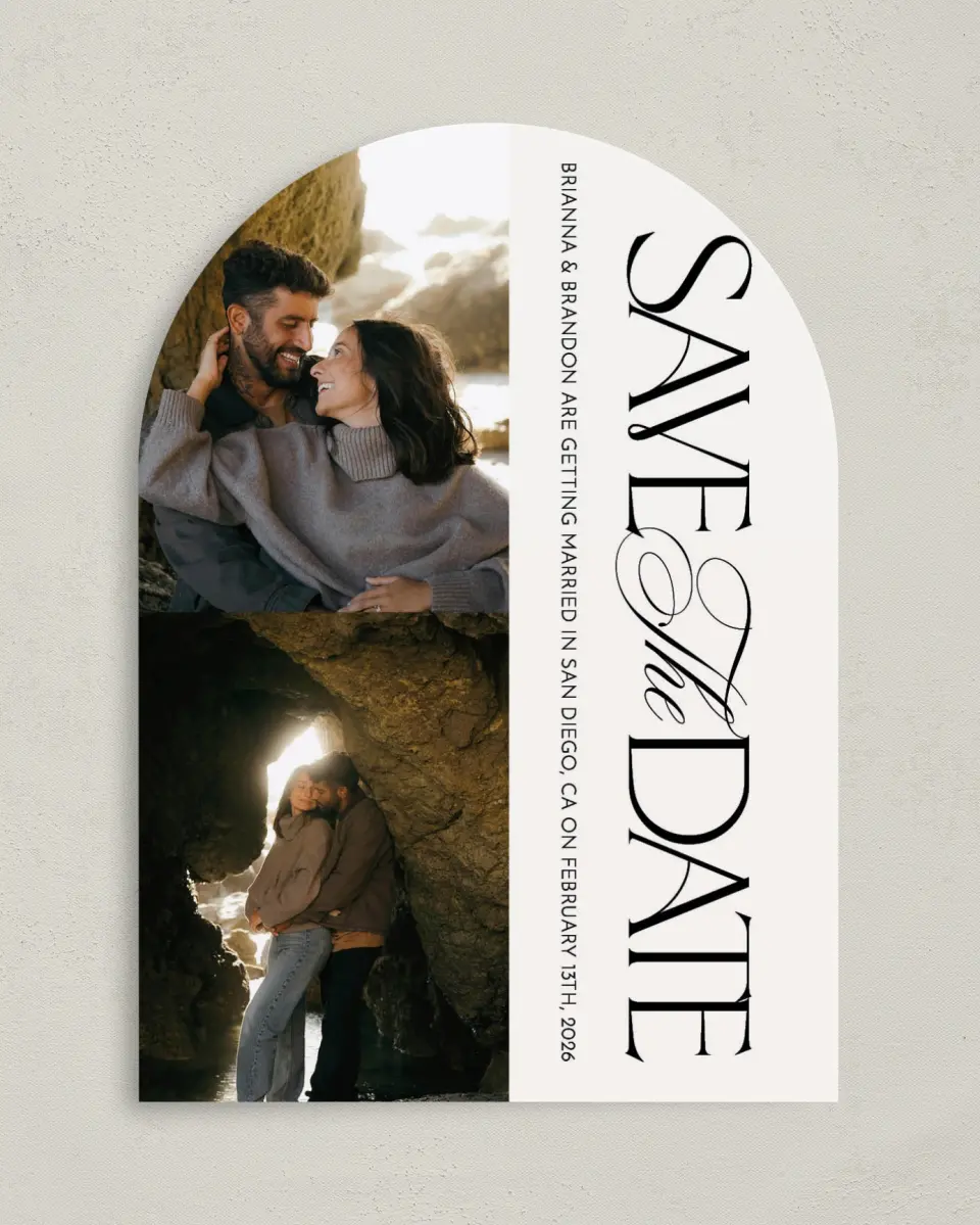 This is a 5" x 7" Arch Save the Date called Modern Romance printed in full color with Gold foil on Premium Smooth paper