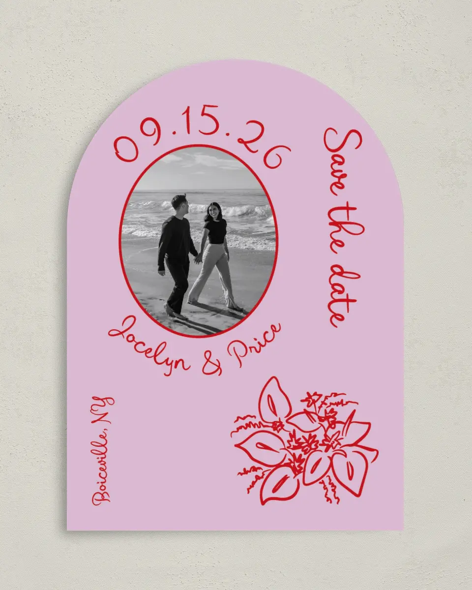 This is a 5" x 7" Arch Save the Date called Flourishing Love printed in full color with Gold foil on Premium Smooth paper