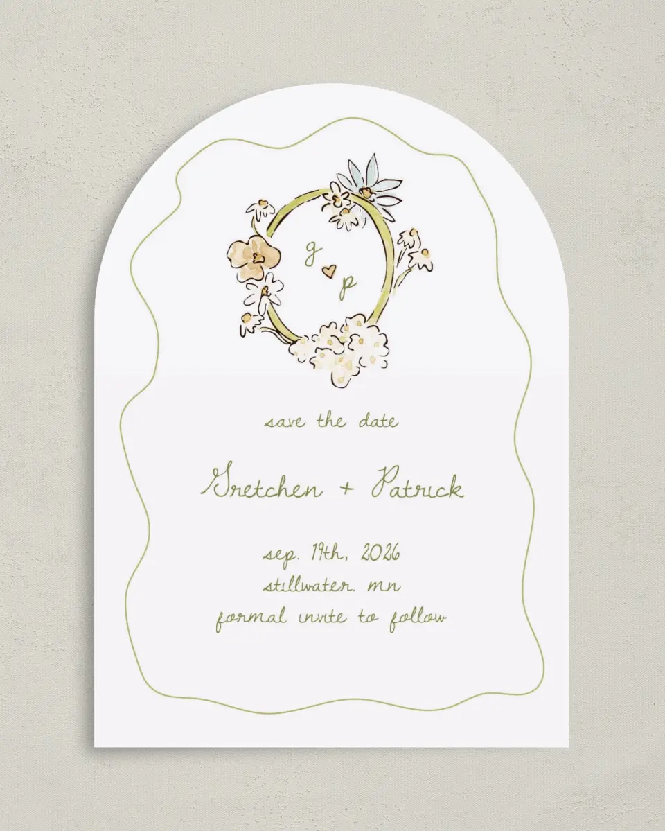 This is a 5" x 7" Arch Save the Date called Soft Garden Vows printed in full color with Rose Gold foil on Luxe Satin paper