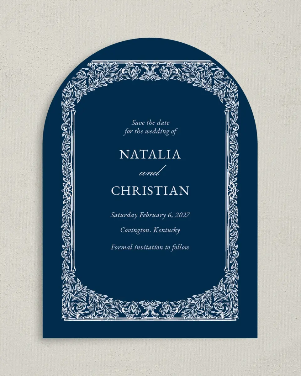 This is a 5" x 7" Arch Save the Date called Heirloom Crest printed in full color with Gold foil on Premium Smooth paper