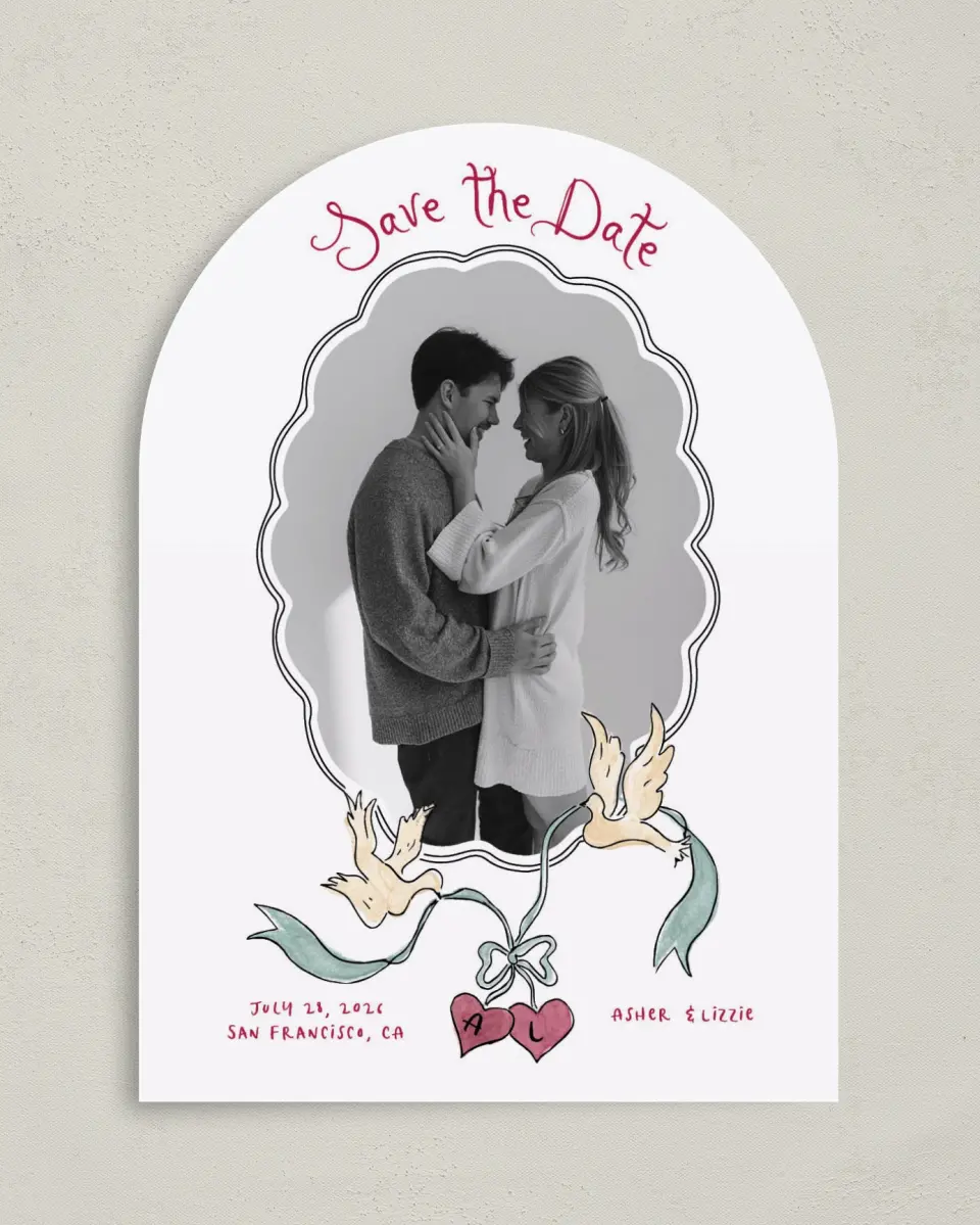 This is a 5" x 7" Arch Save the Date called Love Dove printed in full color on Premium Smooth paper