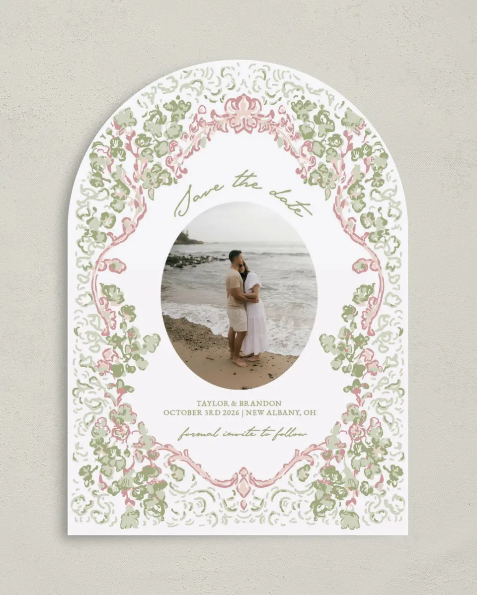 This is a 5" x 7" Arch Save the Date called Verdant Romance printed in full color with Gold foil on Premium Smooth paper