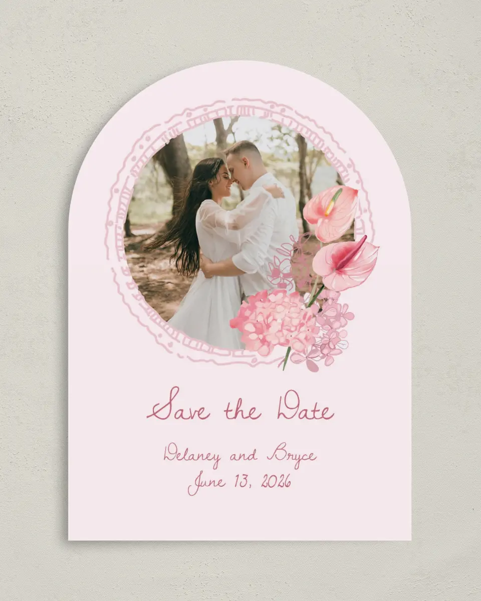 This is a 5" x 7" Arch Save the Date called Blushing Whimsy printed in full color with Gold foil on Premium Smooth paper